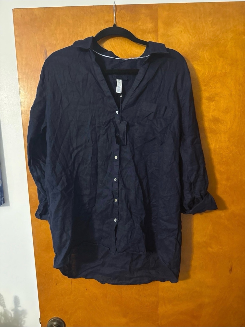 Sigrid Olsen Navy Button-Down Tunic Shirt 100% Linen